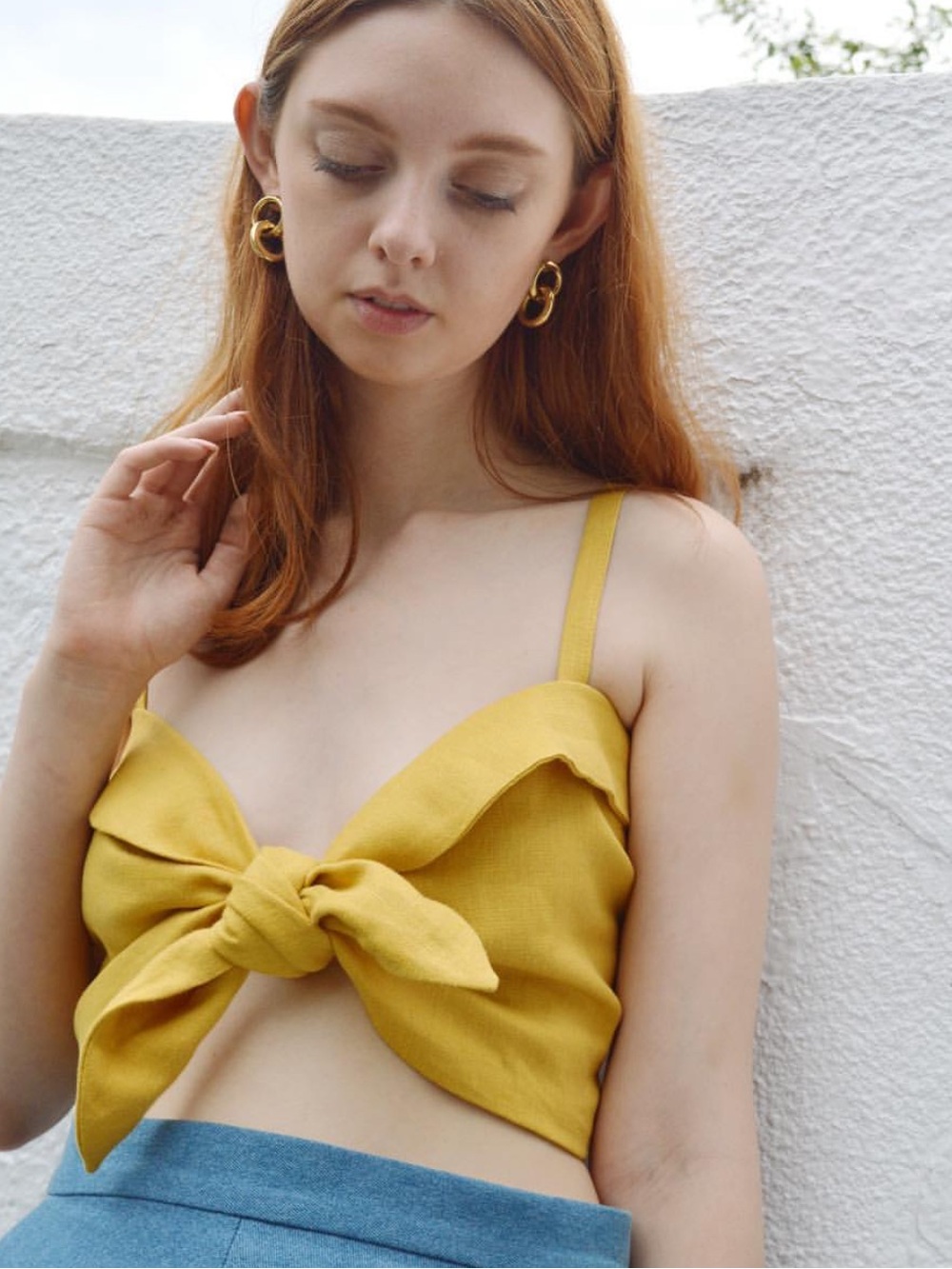 NWT Eliza Faulkner Molly Mustard Yellow Linen Tie Bandeau Crop Top Medium
